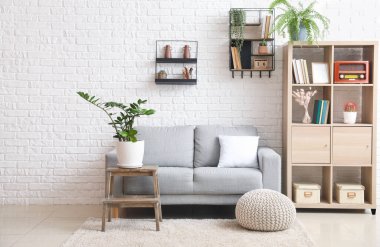 Raf ünitesi ve kanepesi olan modern bir oda.