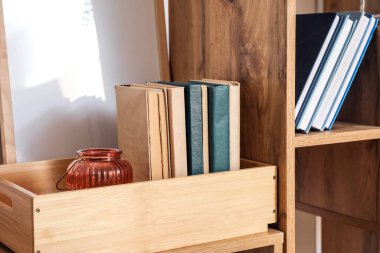 Modern raf ünitesi ve kitaplarla dolu ahşap kutu, yakın plan.