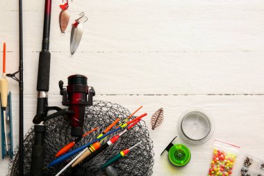 Hafif ahşap arka planda farklı balıkçılık ekipmanları