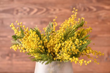 Ahşap zemin üzerinde güzel mimoza çiçekleri olan vazo, yakın plan.