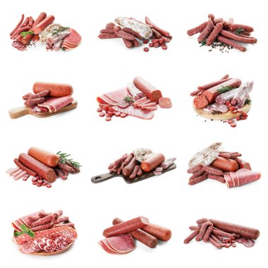 Beyaz arka planda lezzetli füme sosis kolajı