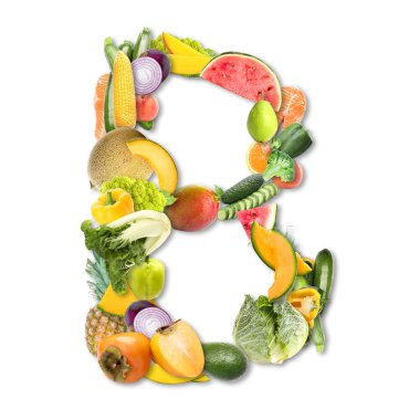 B harfi beyaz arka planda sağlıklı ürünlerden yapılmıştır.