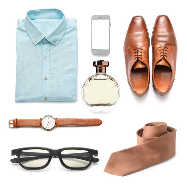 Set of stylish male accessories on white background