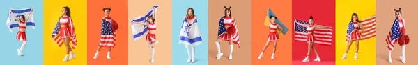 Collage of emotional cheerleaders with different flags on color background