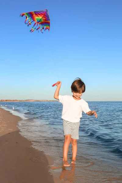 Carino Bambino Che Vola Aquilone Arcobaleno Sulla Spiaggia Mare — Foto Stock
