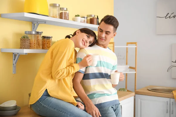 Happy Young Couple Drinking Tea Kitchen — Stock Photo, Image