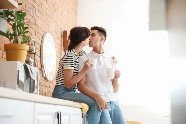 Happy Young Couple Drinking Coffee Kitchen — Stock Photo, Image