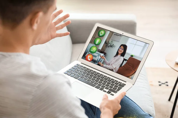 Young Man Asking Psychologist Advice Online Home — Stock Photo, Image