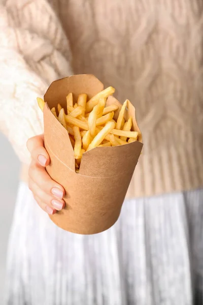 Woman Tasty French Fries Closeup — Stock Photo, Image