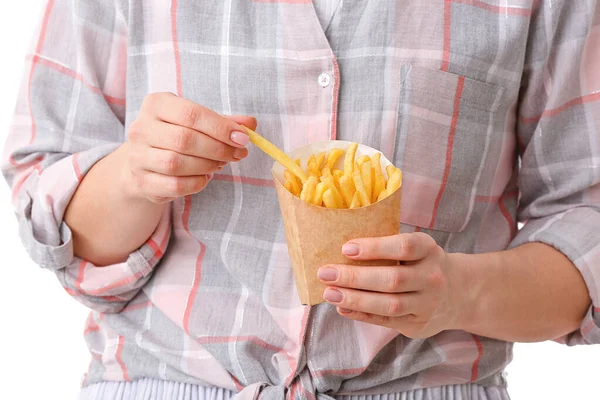 Mujer Con Sabrosas Papas Fritas Primer Plano —  Fotos de Stock