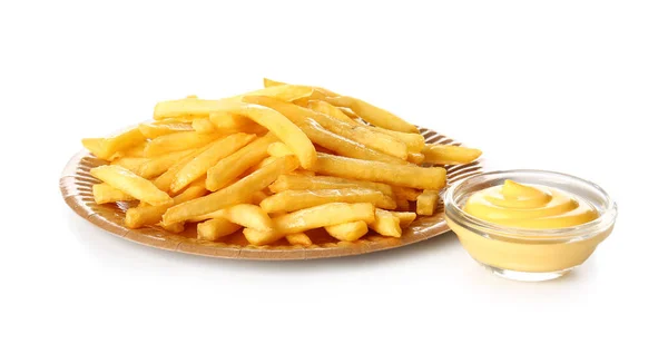 Plate Tasty French Fries Sauce White Background — Stock Photo, Image