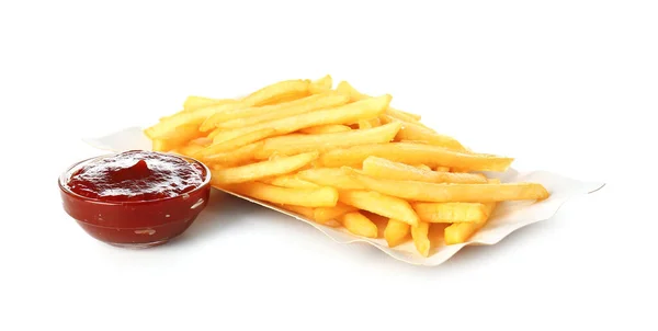 Plato Con Sabrosas Papas Fritas Salsa Sobre Fondo Blanco — Foto de Stock