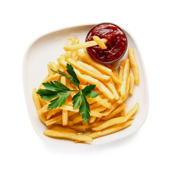 Teller Mit Leckeren Pommes Frites Und Soße Auf Weißem Hintergrund — Stockfoto