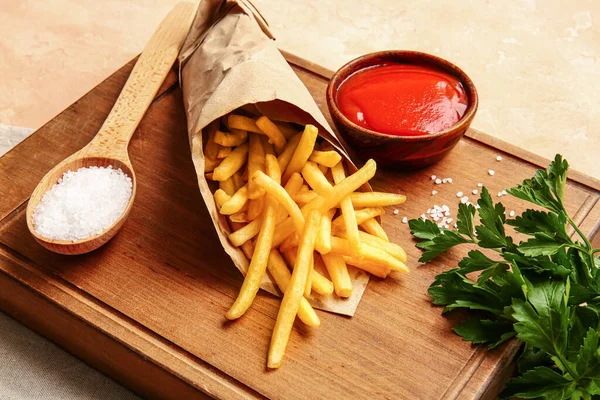 Tasty French Fries Tomato Sauce Table — Stock Photo, Image