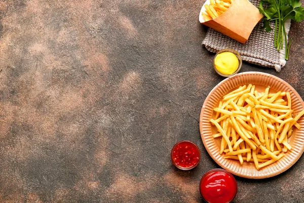 Tasty French Fries Sauces Grunge Background — Stock Photo, Image