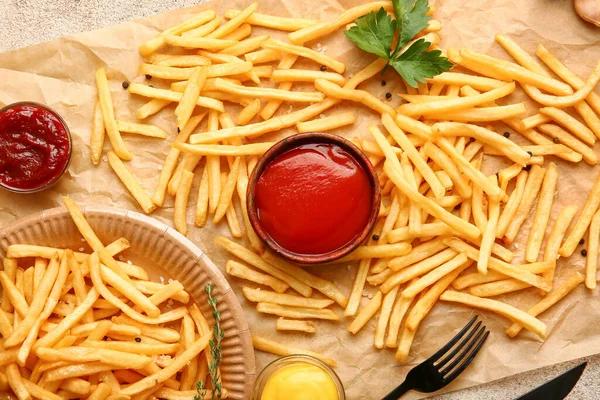 Tasty French Fries Sauces Table — Stock Photo, Image