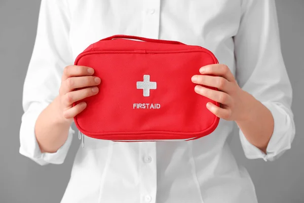 Woman First Aid Kit Grey Background Closeup — Stock Photo, Image