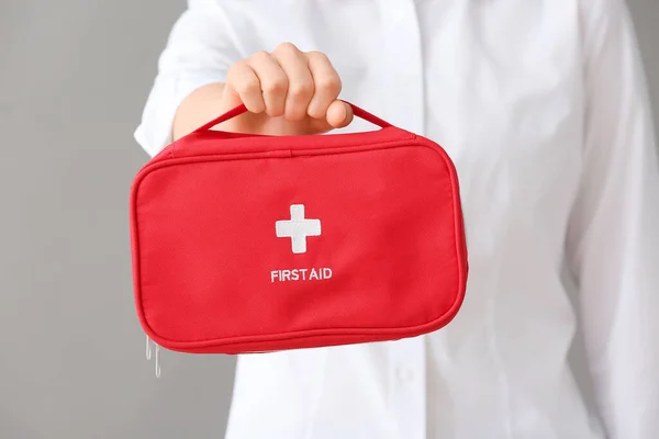 Woman First Aid Kit Grey Background Closeup — Stock Photo, Image