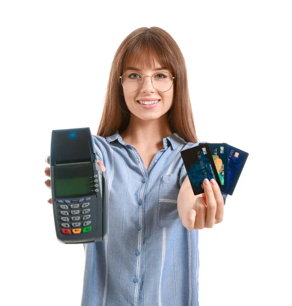 Young Woman Payment Terminal Credit Cards White Background — Stock Photo, Image