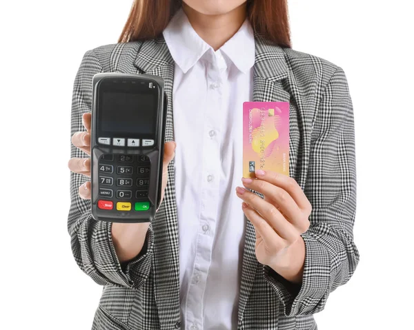 Young Businesswoman Payment Terminal Credit Card White Background — Stock Photo, Image