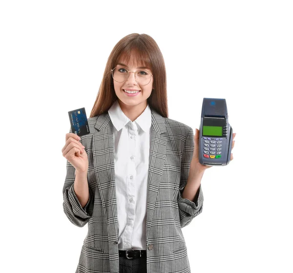 Young Businesswoman Payment Terminal Credit Card White Background — Stock Photo, Image