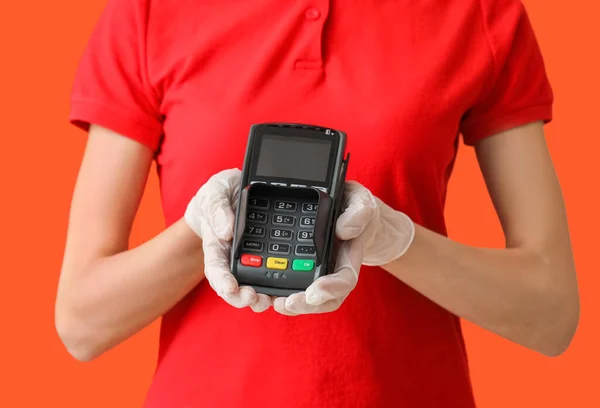 Female Courier Payment Terminal Color Background Closeup — Stock Photo, Image
