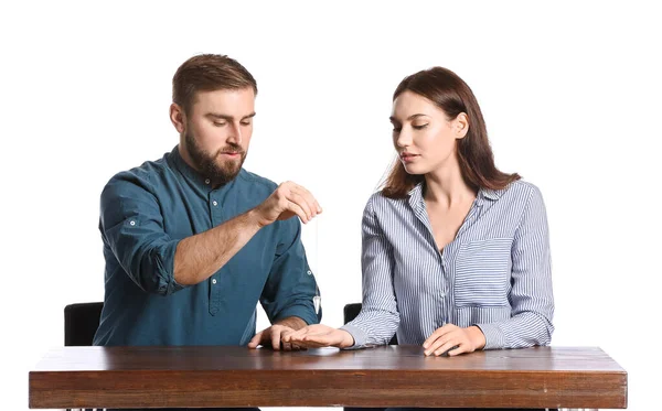 Young Couple Trying Read Future White Background — Stock Photo, Image