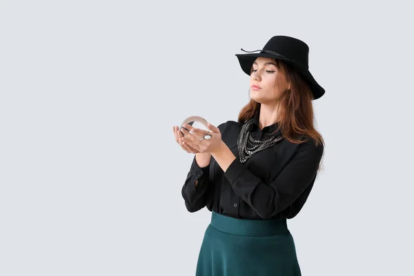 Female Fortune Teller Crystal Ball Light Background — Stock Photo, Image