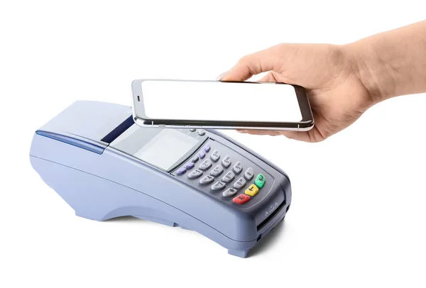 Female Hand Mobile Phone Payment Terminal White Background — Stock Photo, Image