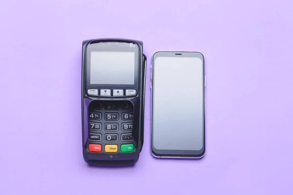 Payment Terminal Mobile Phone Color Background — Stock Photo, Image