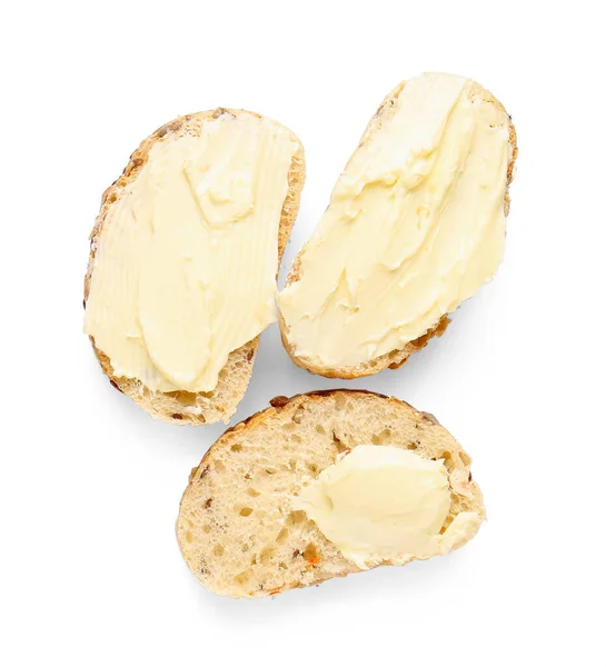 Slices Fresh Bread Butter White Background — Stock Photo, Image