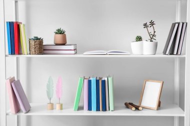 Kitaplı raflar ve ışık duvarının yanında dekor