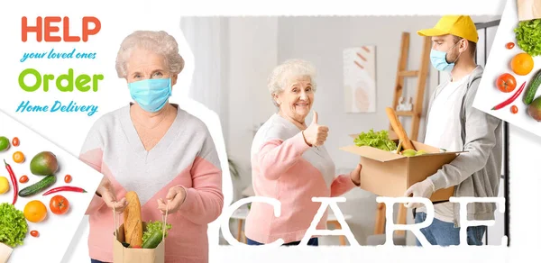 Glad Äldre Kvinna Som Får Mat Från Kurir Hemma — Stockfoto