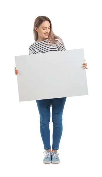 Mulher Bonita Com Cartaz Branco Fundo Branco — Fotografia de Stock