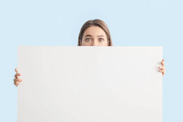 Surprised Young Woman Blank Poster Color Background — Stock Photo, Image