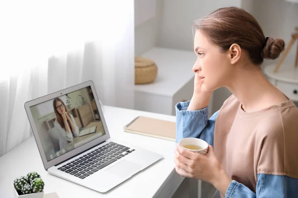 Stressed Young Woman Asking Psychologist Advice Online Home — Stock Photo, Image