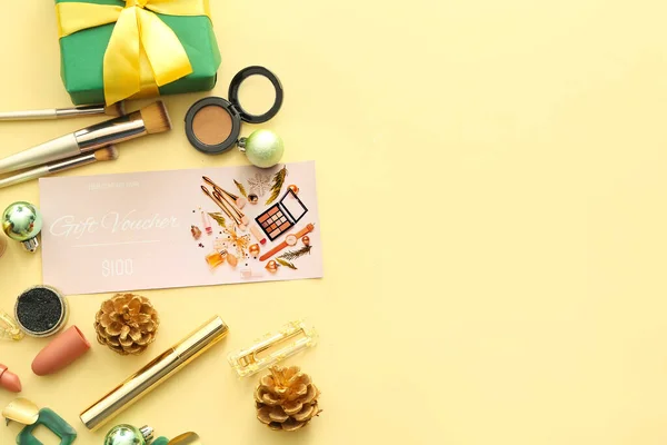 Gift Certificate Decorative Cosmetics Female Accessories Color Background — Stock Photo, Image