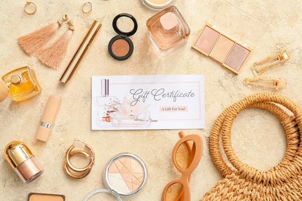 Gift Certificate Decorative Cosmetics Female Accessories Color Background — Stock Photo, Image