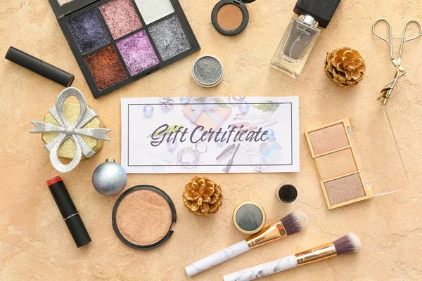 Gift Certificate Decorative Cosmetics Female Accessories Color Background — Stock Photo, Image