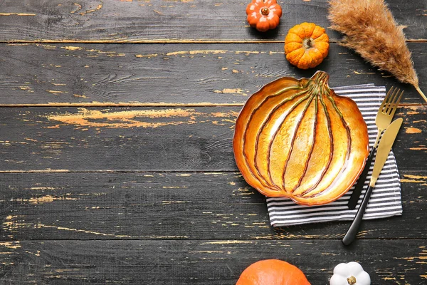 Stylish Table Setting Thanksgiving Day Celebration Dark Wooden Background — Stock Photo, Image