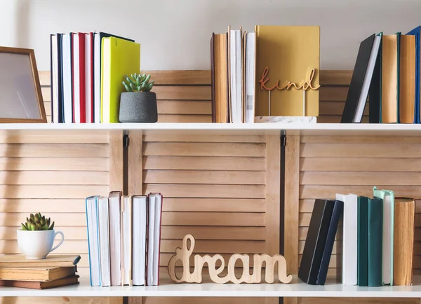 Shelf Unit Books Decor Interior Room Closeup — Stock Photo, Image