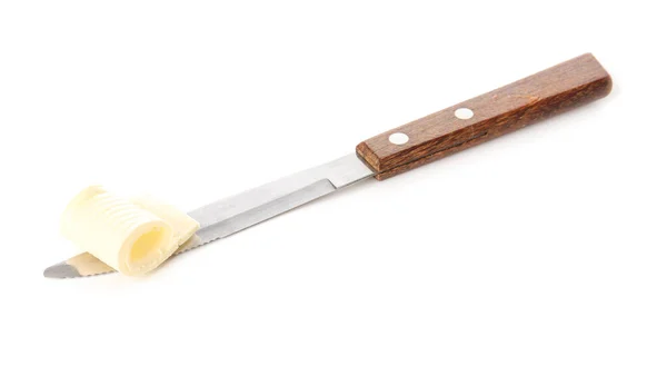 Coltello Con Burro Fresco Sfondo Bianco — Foto Stock