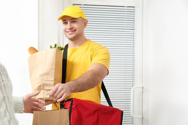 Woman Receiving Her Order Courier Food Delivery Service — Stock Photo, Image