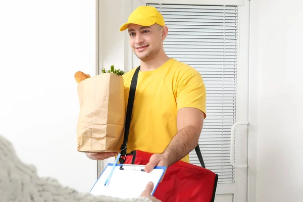 Woman Receiving Her Order Courier Food Delivery Service — Stock Photo, Image