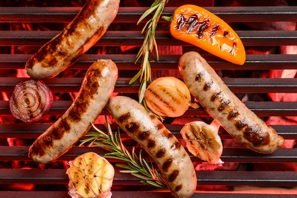 Delicious Sausages Vegetables Cooking Grill — Stock Photo, Image