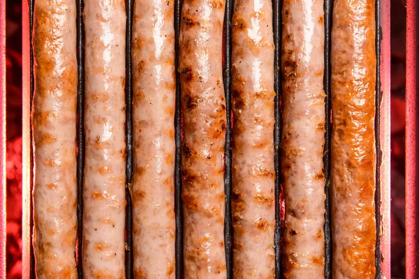 Delicious Sausages Cooking Grill Closeup — Stock Photo, Image