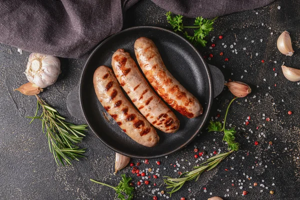 Frying Pan Delicious Grilled Sausages Dark Background — Stock Photo, Image