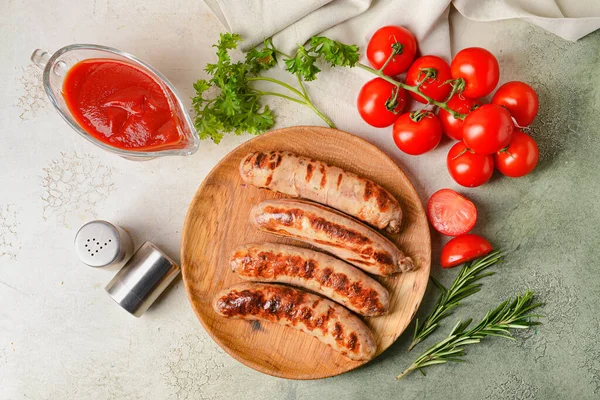 Plate Delicious Grilled Sausages Light Background — Stock Photo, Image