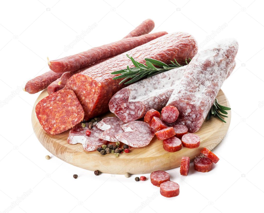 Board with tasty sausages on white background