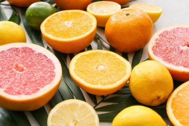 Hafif arka planda taze narenciye meyveleri, yakın plan.